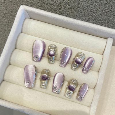 Purple Handmade Nail Patches, Satin Cat's Eye Nails, Art Nail Patches, Detachable Manicure Patches, Fake Nails(S)
