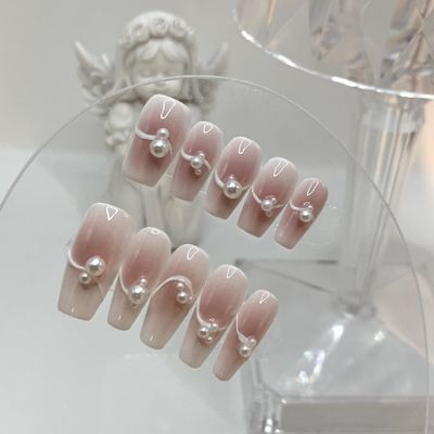 ZIIVIEVS Handmade Pearl Long Nail Stickers for Gentle Temperament, 3D Hand-Painted, Detachable Nail(S)