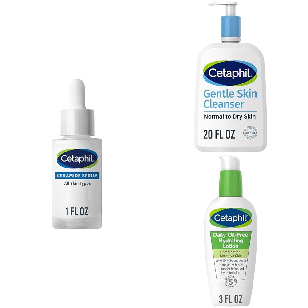 Cetaphil Ceramide Serum, Designed for Sensitive Skin, 1oz + Face Wash, Hydrating Gentle Skin Cleanser, 20oz, + Daily Hydrating Lotion for Face, With Hyaluronic Acid, 3 fl oz, Bundle