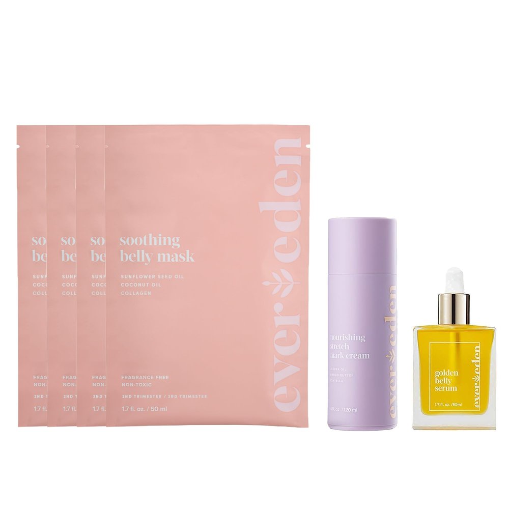 Evereden Nourishing Stretch Mark Cream, 4.0 fl oz. & Golden Belly Serum, 1.7 fl oz. & Soothing Belly Mask for Stretch Marks - 2nd/3rd Trimester Size, 4 pack | 3 Item Bundle Set | Pregnancy Skincare