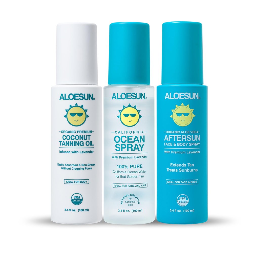 ALOESUN Organic Tanning Travel Size Bundle - Including Organic Coconut Tanning Oil, Ocean Spray, and Organic AFTERSUN Spray
