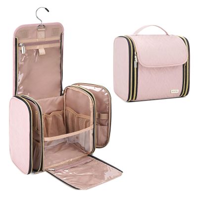TBTOTRA Hanging Toiletry Bag & Makeup Bag for Women with Jewelry Organizer - TSA Approved Large Capacity Travel Cosmetic Organizer, Waterproof Shower Essentials Case with Transparent Pockets, Pink