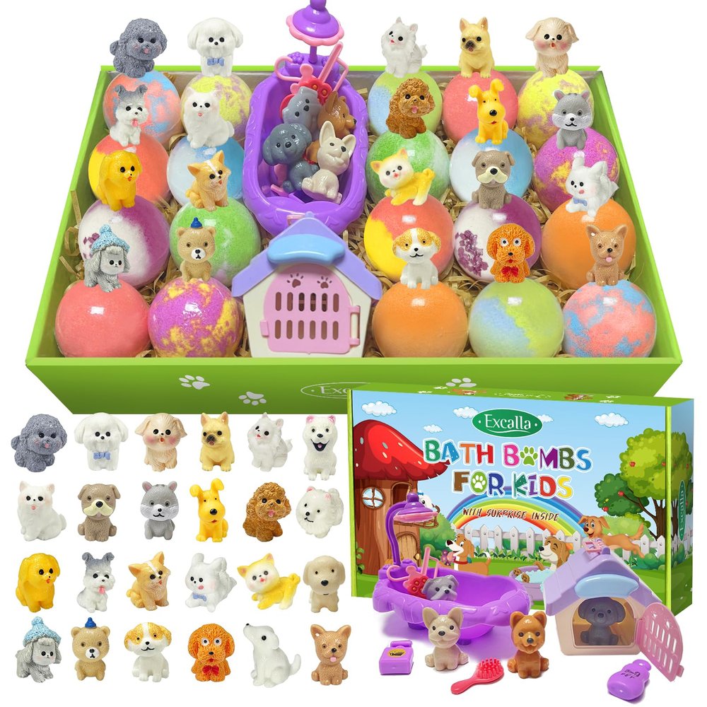 Bath Bombs for Kids with Surprise Toys Inside, 20 Kids Bath Bombs with Dog Puppy Pretend Playset, Boys Girls Gift Set for Easter Valentines Day Birthday, Bubble Bath Fizzy Ball, Easter Basket Stuffers