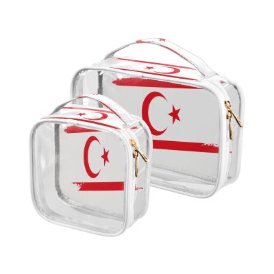 Ruhho Large Clear Travel Toiletry Bag with Zippers, PVC Waterproof Travel Organizer, Turkish Republic Northern Cyprus Flag Hand Drawn Plastic Tote Bags, 2 pcs