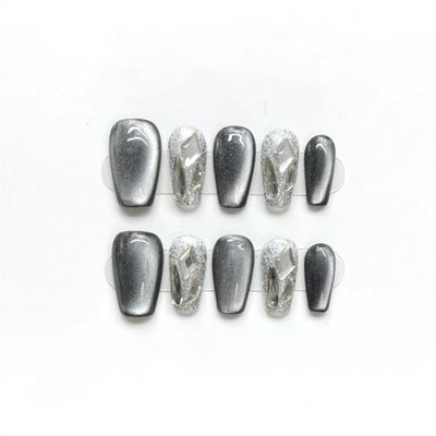 Handmade Press-On Nails Cat Eye Design Reusable Glitter Fake Nails Artificial Manicure Wearable Orange Manicure