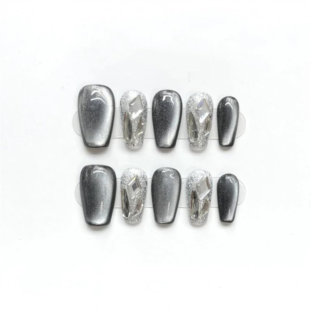 Handmade Press-On Nails Cat Eye Design Reusable Glitter Fake Nails Artificial Manicure Wearable Orange Manicure