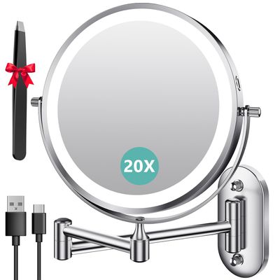 Auxmir 1X/20X Wall Mounted Makeup Mirror with Light, 8" Rechargeable Double-Sided Magnifying Mirror, Vanity Mirror Dimmable 3 Color Light, 360 Extension Rotation Foldable 14.5 Inch Arm, Chrome