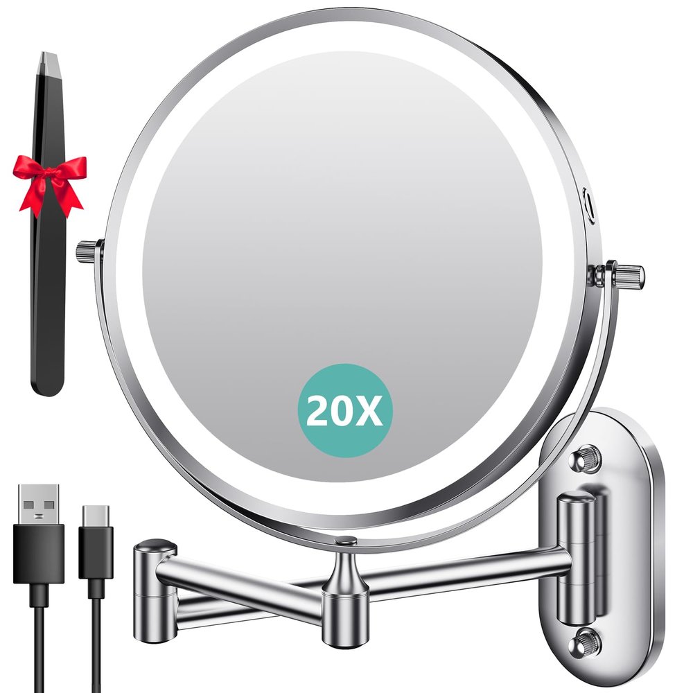 Auxmir 1X/20X Wall Mounted Makeup Mirror with Light, 8" Rechargeable Double-Sided Magnifying Mirror, Vanity Mirror Dimmable 3 Color Light, 360 Extension Rotation Foldable 14.5 Inch Arm, Chrome