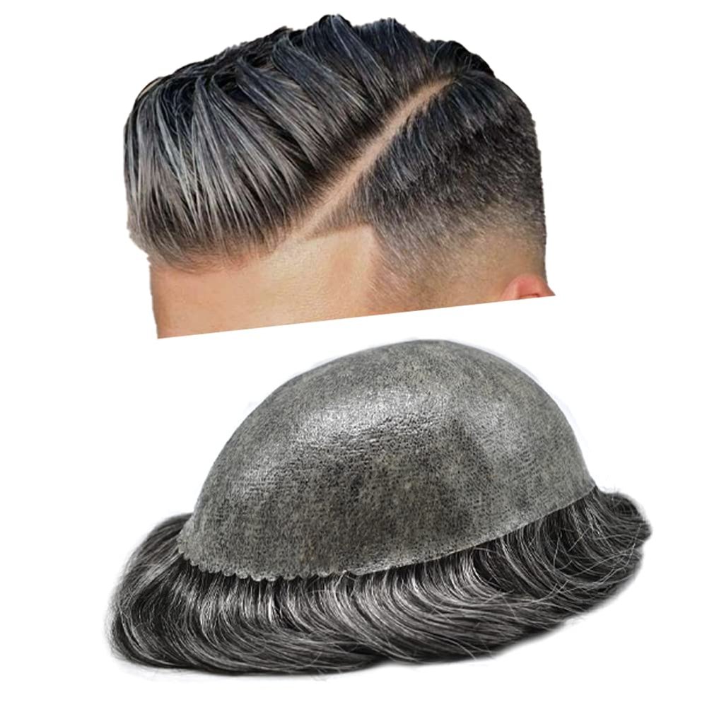 Healthlif Toupee For Men Hair Pieces Mens Toupee Prosthesis Hair Replacement System For Men European Real Human Hair Mens Hairpieces Hair System 6x8 Medium light density #1B40 1B# OFF BLACK+40% GREY