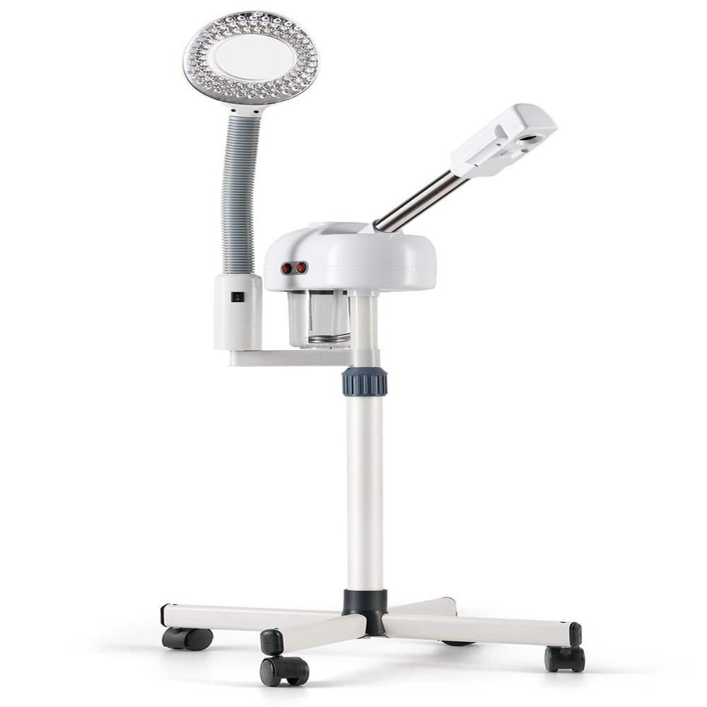 BNSNY Professional Facial Steamer on Wheels with 5X Magnifying Light Stand Facial Steamer Portable Height Adjsuatble, White