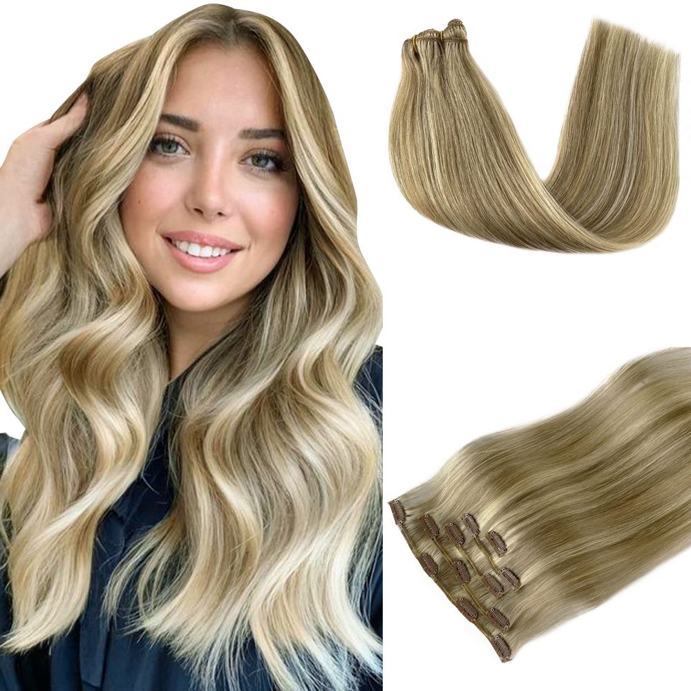 SOSEXY Clip in Hair Extensions Real Human Hair, Beige Blonde to Bleach, 22 Inch Straight, 5pcs 70g Clip ins with 12 Clips Each, Salon Quality, No Shedding/Tangles