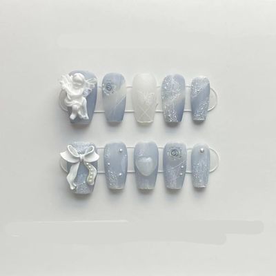 Handmade Blue Nail Patches for Rose Angels - Fake Nails and Manicures(Short blue,XS)