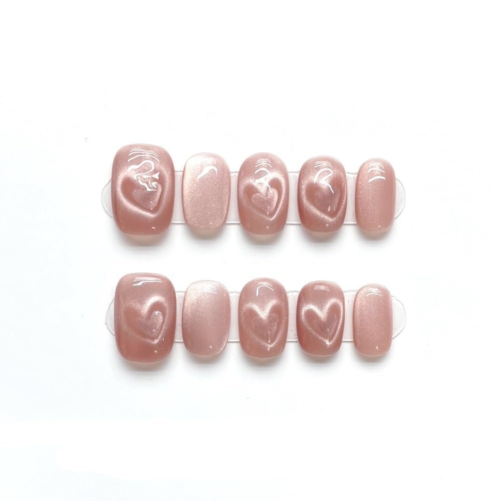 Handmade Wearing Armor, Detachable Pink Heart Sparkling Cat Eyes, Repeated Use of False Nails(Short pink,XS)