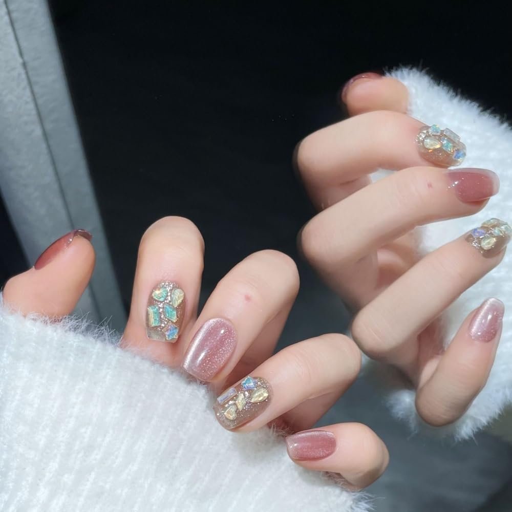 Pink Cat Eyes Gentle Handmade Nail Wearing for Autumn and Winter Short Nail Beauty False Nails(Ultrashort pink,XS)