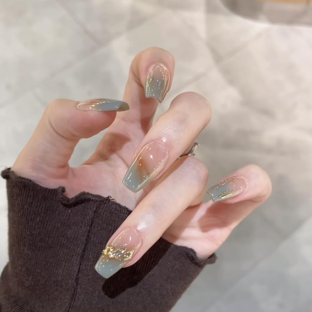 Wearing nail fake nail patch detachable manicure autumn and winter nail patch short nail(Short green,M)