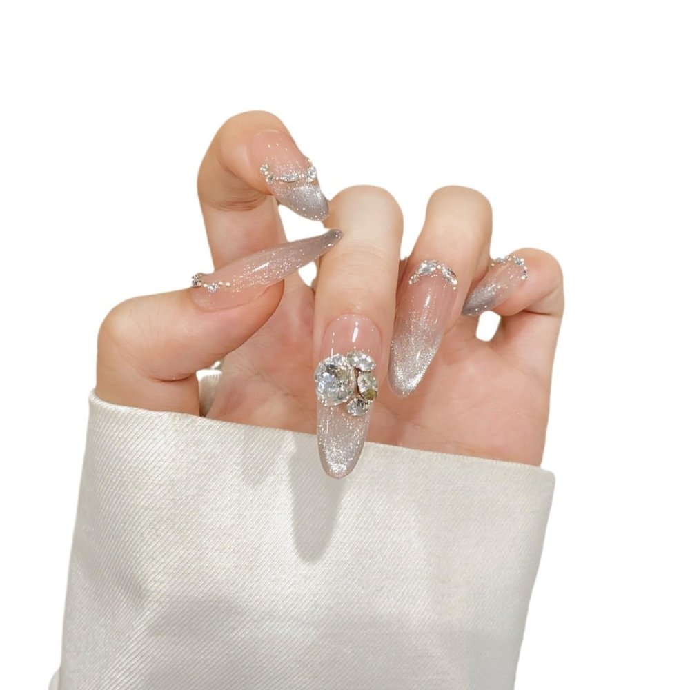 Top Quality Handmade Nail Art Set - Nude Colored, French Cat Eye, Large Diamond, European and American Long Style(XS)