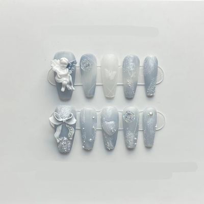 ZIIVIEVS Handmade Blue Nail Patches for Rose Angels - Fake Nails and Manicures(Long blue,S), 1 Count (Pack of 1)