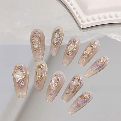 Handmade Wearing of Medium to Long Nail Stickers, Fake Nail Art Patches(Medium pink,XS)