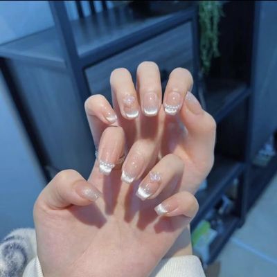 Handmade Phototherapy Wearing Nail Butterfly Cat Eye Nail Patch Reusable False Nails(Short pink,XS)