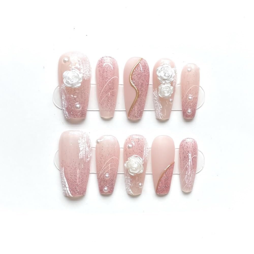Handmade Wearing Armor, Detachable Pink Heart Sparkling Cat Eyes, Repeated Use of False Nails(Pink,L)