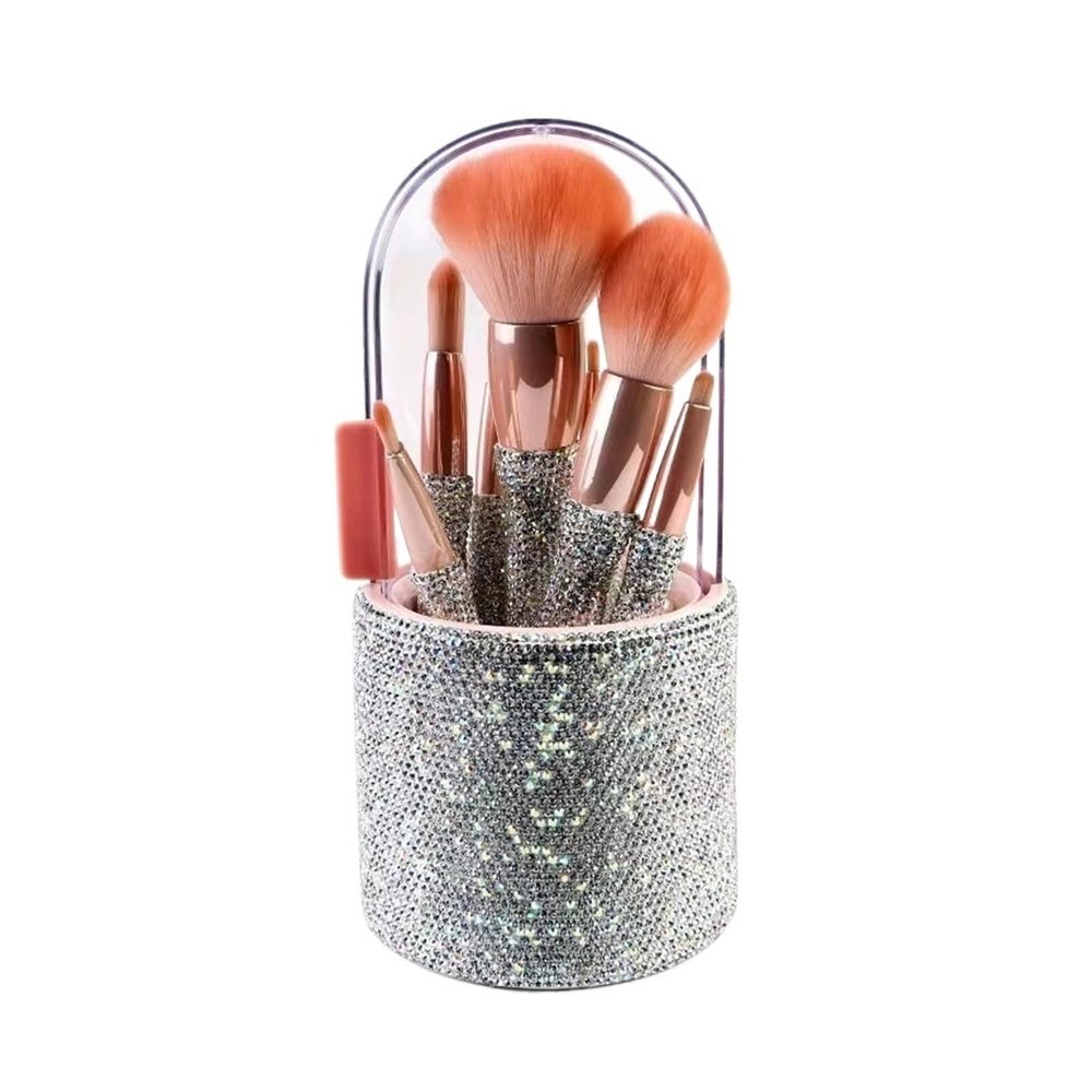 AQINMINA Sparkling Diamond Makeup Brush Set Professional, 8 Full-featured Makeup Brushes With Shiny Diamond Holder, Travel Makeup Brush Set(White)