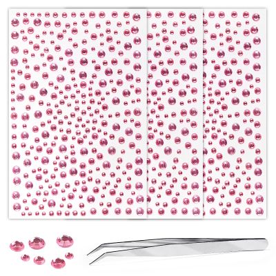 Rhinestone Stickers for Crafts Clear Crystal Tweezers Decals Face Gems Pearls for Makeup Stick on Body 3/4/5/6MM Hair Nails Craft DIY Gems for Nails Makeup Decor Pink 975PCS