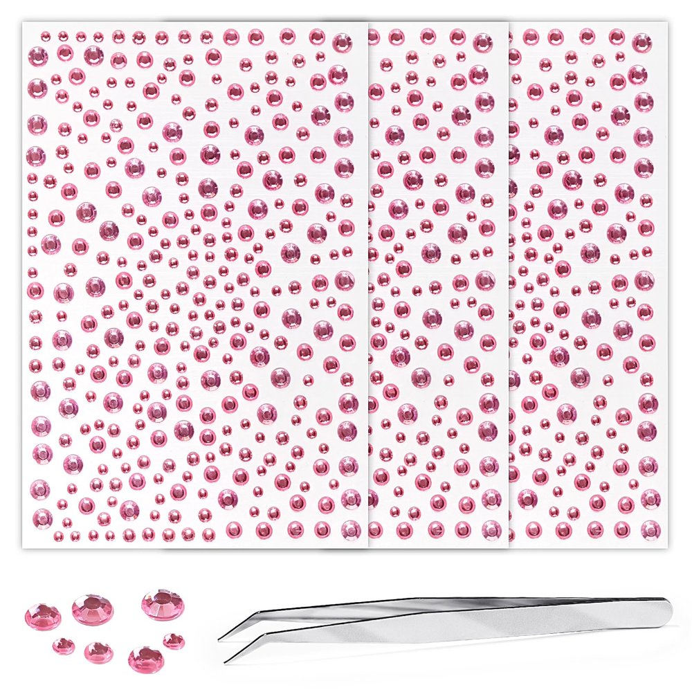 Rhinestone Stickers for Crafts Clear Crystal Tweezers Decals Face Gems Pearls for Makeup Stick on Body 3/4/5/6MM Hair Nails Craft DIY Gems for Nails Makeup Decor Pink 975PCS