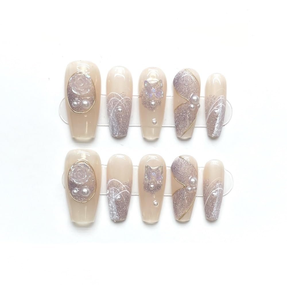 Handmade Wearing Armor, Detachable Pink Heart Sparkling Cat Eyes, Repeated Use of False Nails(Champagne,S)