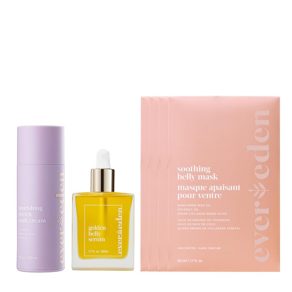 Evereden Nourishing Stretch Mark Cream, 4.0 fl oz. & Golden Belly Serum, 1.7 fl oz. & Soothing Belly Mask for Stretch Marks - 2nd/3rd Trimester Size, 4 pack | 3 Item Bundle Set | Pregnancy Skincare