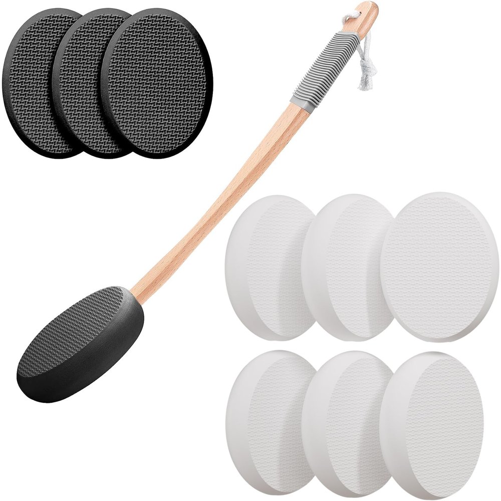 AmazerBath Black Lotion Applicator for Back and 6 PCS White Lotion Applicator Replacement Pads, 4 Replaceable Pads with 1 Long Handled, Back Sunscreen Applicator for Kids, Elderly, Women