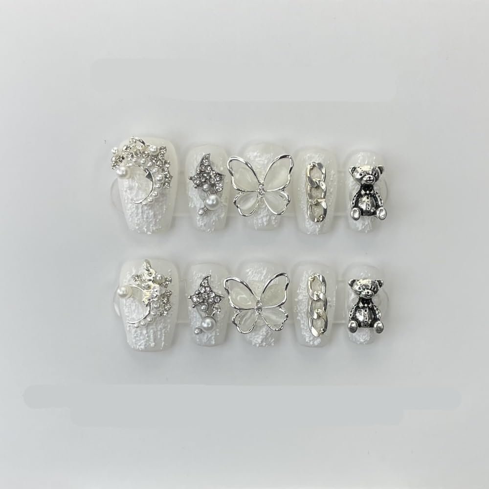 Butterfly Retro Nail Art, Handcrafted Wearable Nail Patches, Detachable Fake Nails(Short white,M)