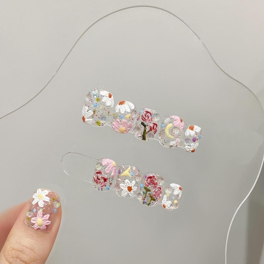 ZIIVIEVS Hand Drawn Flowers Nail Patches - Detachable Nail Art Stickers for a Unique and Stylish Look(L)