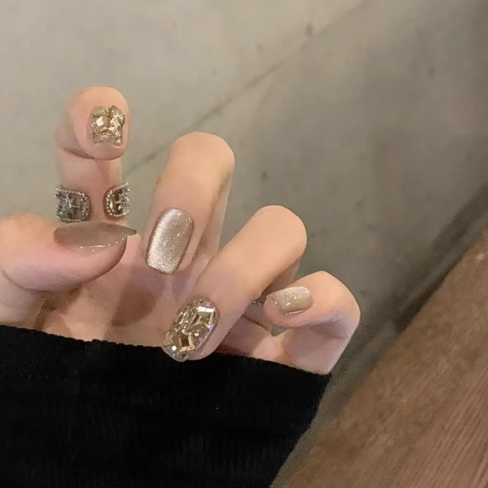 Cat's Eye Nail, Champagne Diamond Nail, Hand Wearable Nail, Detachable False Nail(M)