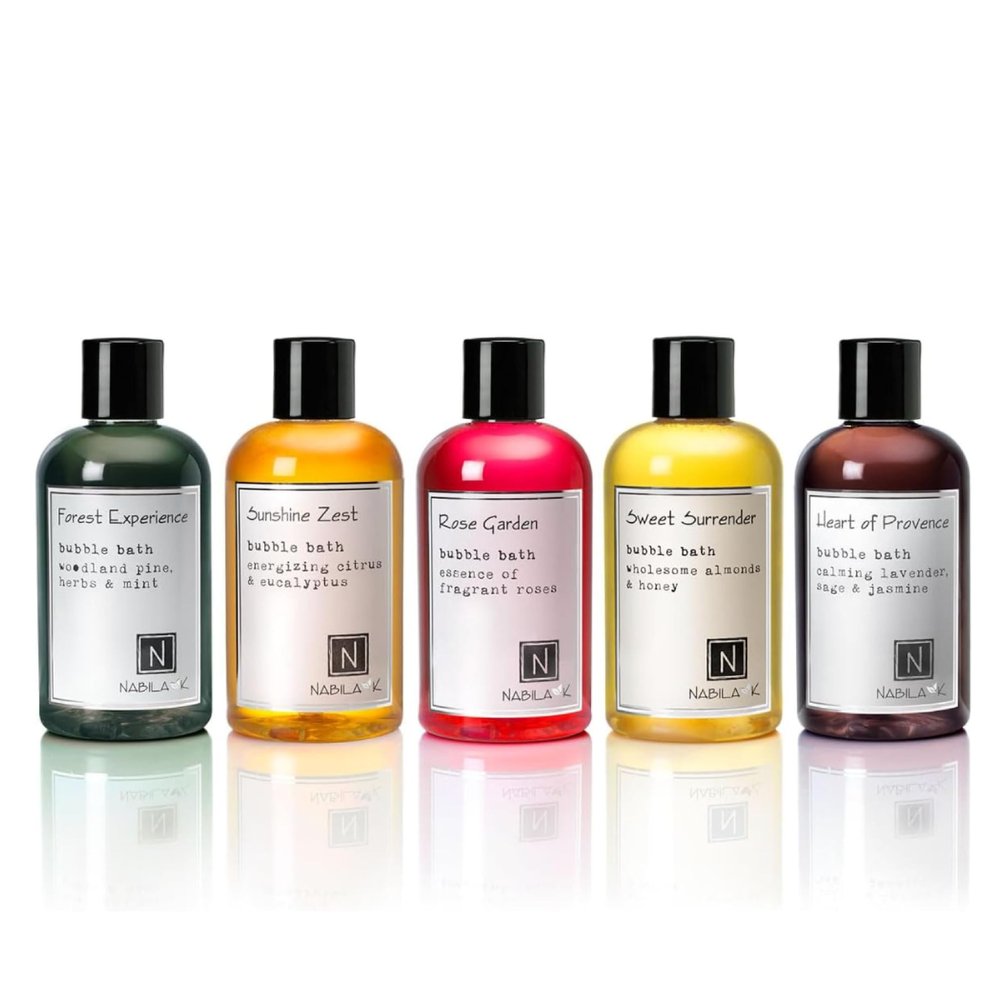 Assorted Bubble Bath Collection (Set of 5) by Nabila K - Forest Experience, Sunshine Zest, Rose Garden, Sweet Surrender, Heart of Provence - Essential Oils with Natural Ingredients - 8 oz