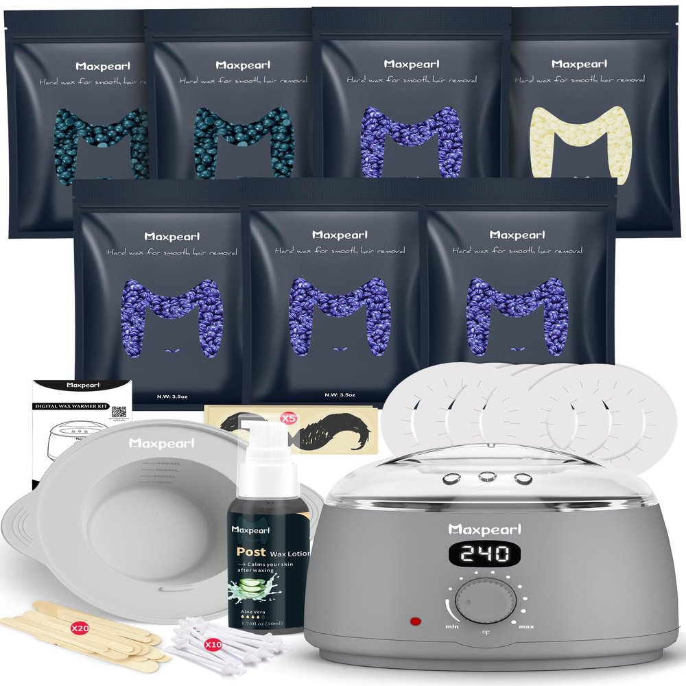 Maxpearl Waxing Kit for Men with Silicone Liner, 7 Packs of Hard Wax Beads (1.53LB total) & Wax Accessories for All Over Use - Nose, Eyebrows, Face, Mustache, Underarms, Back, Chest, Legs and More