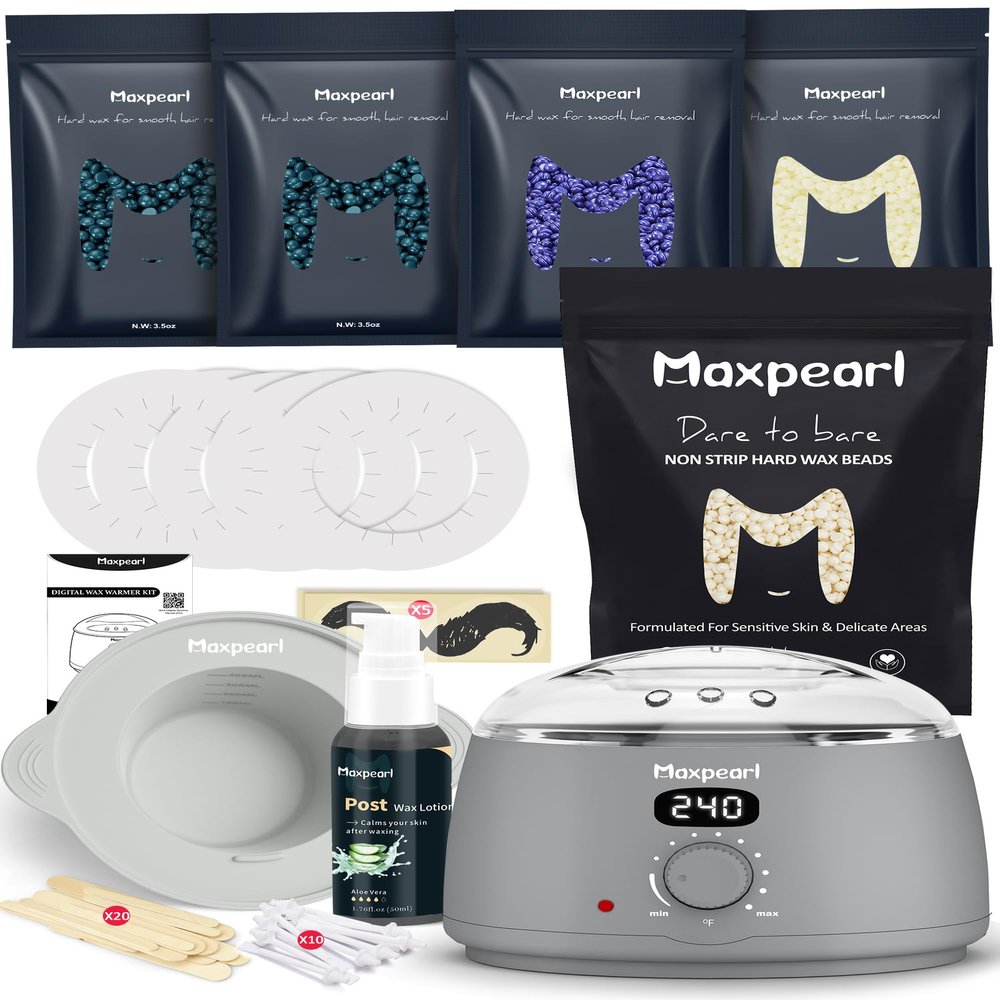 Maxpearl Waxing Kit for Men, Silicone Liner with Hard Wax Beads (1.65LB total) & Wax Accessories for All Body Use - Nose, Eyebrows, Face, Mustache, Underarms, Back, Chest, Legs and More