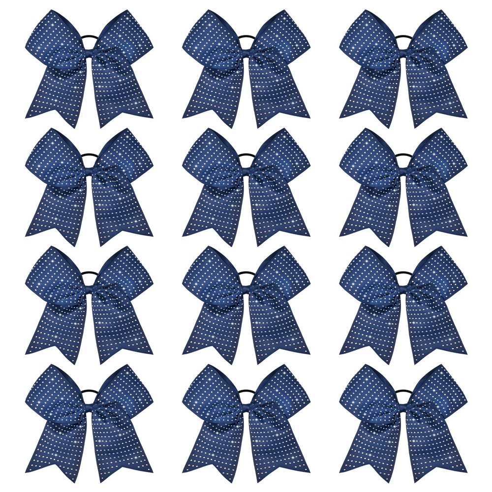 CEELGON 12 PCS Navy Blue Glitter Cheer Bows Large 8" Full Rhinestones Shiny Bow Elastic Hair Tie for Teens Girls Softball Competition Sports Cheerleaders (Navy Blue)