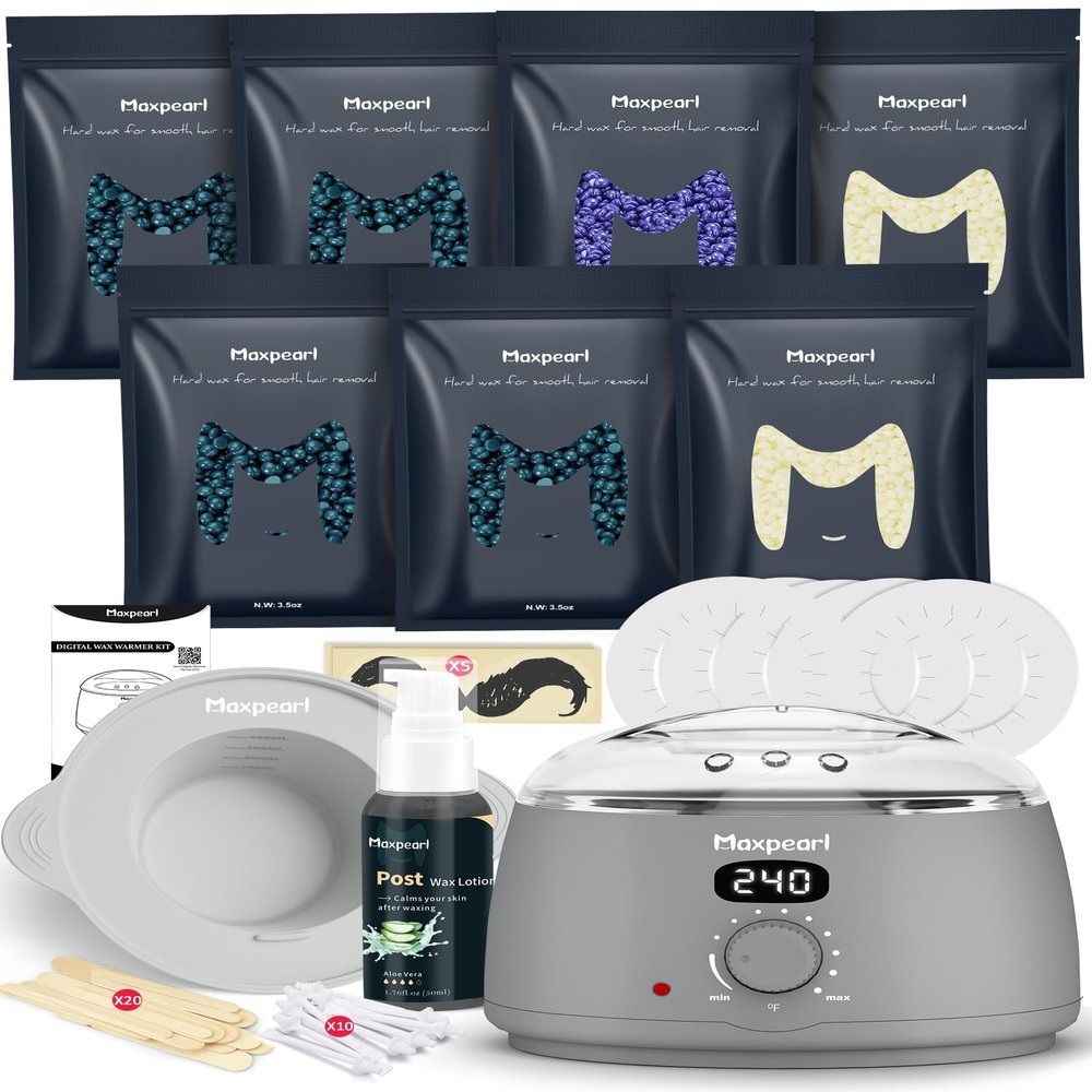 Maxpearl Waxing Kit for Men with Silicone Liner, 7 Packs of Hard Wax Beads (1.53LB total) & Wax Accessories for Coarse Male Body Hair - Nose, Eyebrows, Face, Mustache, Underarms, Back, Chest, Legs