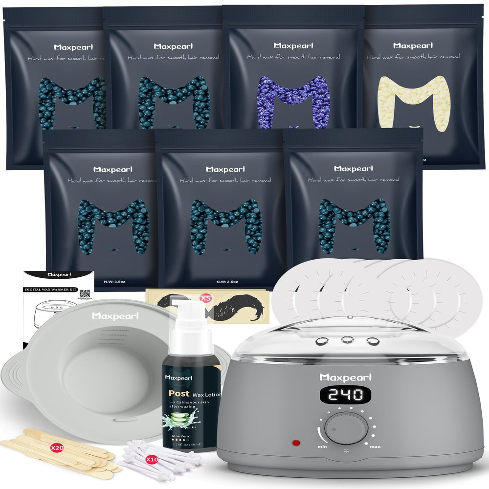 Maxpearl Waxing Kit for Men with Silicone Liner, 7 Packs of Hard Wax Beads (1.53LB total) & Wax Accessories for All Body Use - Nose, Eyebrows, Face, Mustache, Underarms, Back, Chest, Legs and More