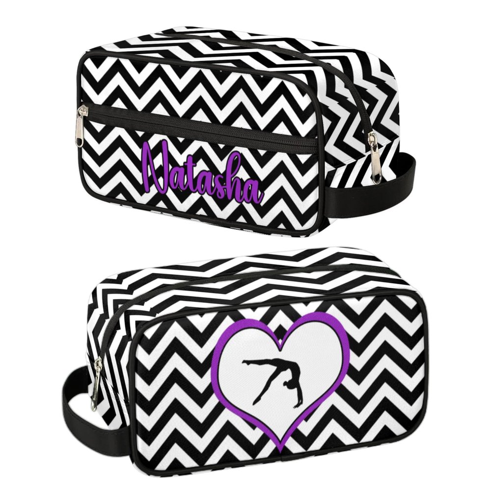 RIRIX Personalized Dance Gymnastics Makeup Bag for Girls, Travel Cosmetic Bag Make Up Bag Organizer Toiletry Bag Dance Accessories Dance Competition Must Haves Gift Gymnastics Chevron Heart