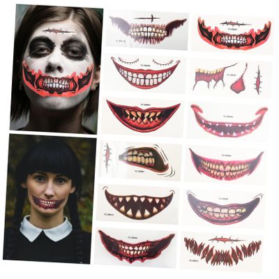 12 Sets Halloween Stickers Halloween Stickers Halloween Mouth Decals Halloween Fake Wounds Scar Body Stickers Clown Stickers Horror Face Stickers Temporary Sticker Make up (Red)
