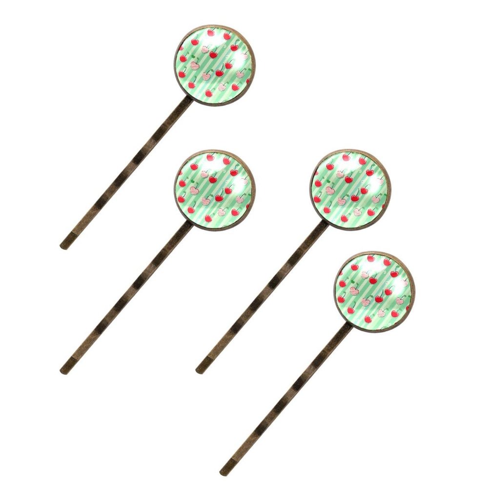 4 PCS Womens Hair Barrettes, Cherries on a Green Stripes Long Bobby Hair Pins for Girls, Stainless Steel Hair Clips Headwear Styling Tools Hair Accessories