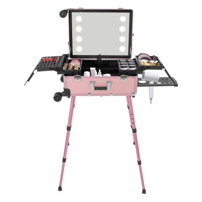Aluminum Trolley Makeup Train Case with LED Light & Adjustable Legs, Portable Travel Rolling Makeup Train Case Lockable Cosmetic Organizer Lighted Makeup Vanity Station with 4 Removable Wheels (Pink)