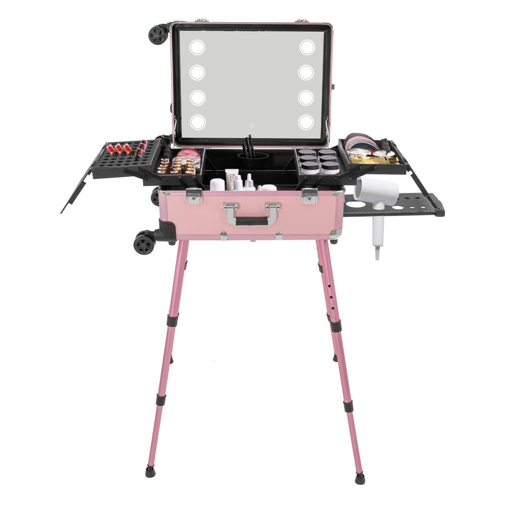 Aluminum Trolley Makeup Train Case with LED Light & Adjustable Legs, Portable Travel Rolling Makeup Train Case Lockable Cosmetic Organizer Lighted Makeup Vanity Station with 4 Removable Wheels (Pink)