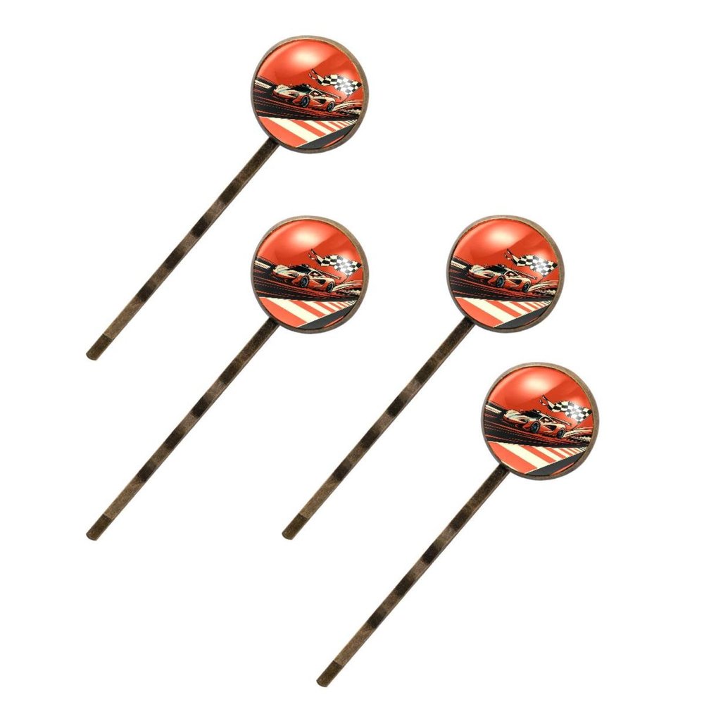 4 PCS Womens Hair Barrettes, Cool Speeding Racing Car with Checkered Flag Pattern Long Bobby Hair Pins for Girls, Stainless Steel Hair Clips Headwear Styling Tools Hair Accessories