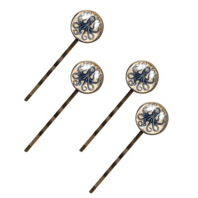 4 PCS Womens Hair Barrettes, Funny Ocean Octopus Anchor Vintage Coastal Map Long Bobby Hair Pins for Girls, Stainless Steel Hair Clips Headwear Styling Tools Hair Accessories