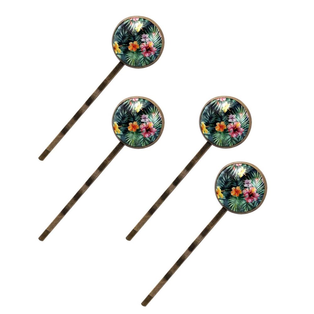 4 PCS Womens Hair Barrettes, Watercolor Tropical Flowers Dark Background Long Bobby Hair Pins for Girls, Stainless Steel Hair Clips Headwear Styling Tools Hair Accessories