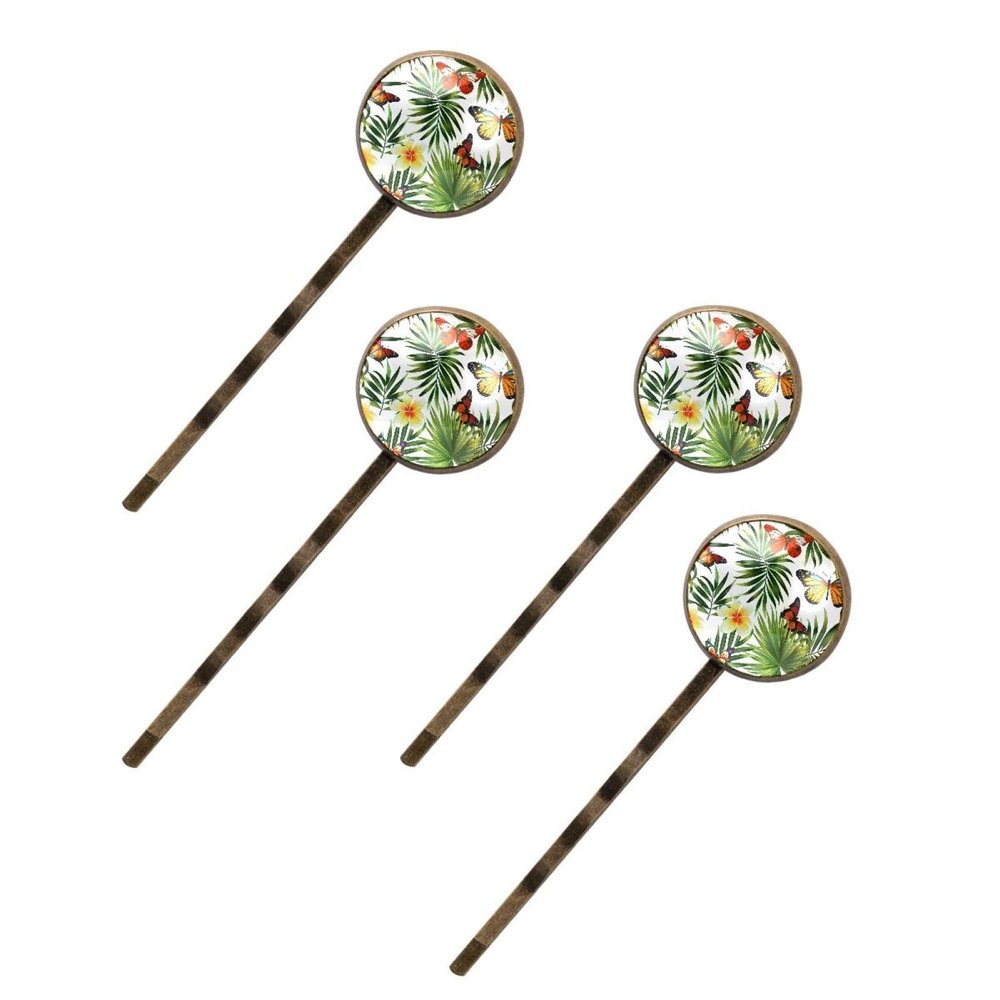 4 PCS Womens Hair Barrettes, Palm Leaves Tropical Flowers and Colorful Butterflies Long Bobby Hair Pins for Girls, Stainless Steel Hair Clips Headwear Styling Tools Hair Accessories