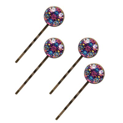 4 Pieces Bobby Pins Hair Clips for Women, Colorful Day of the Dead Skull Cute Pattern Decorative Hairpin Hair Barrettes for Girls, Elegant Brown Hair Accessories