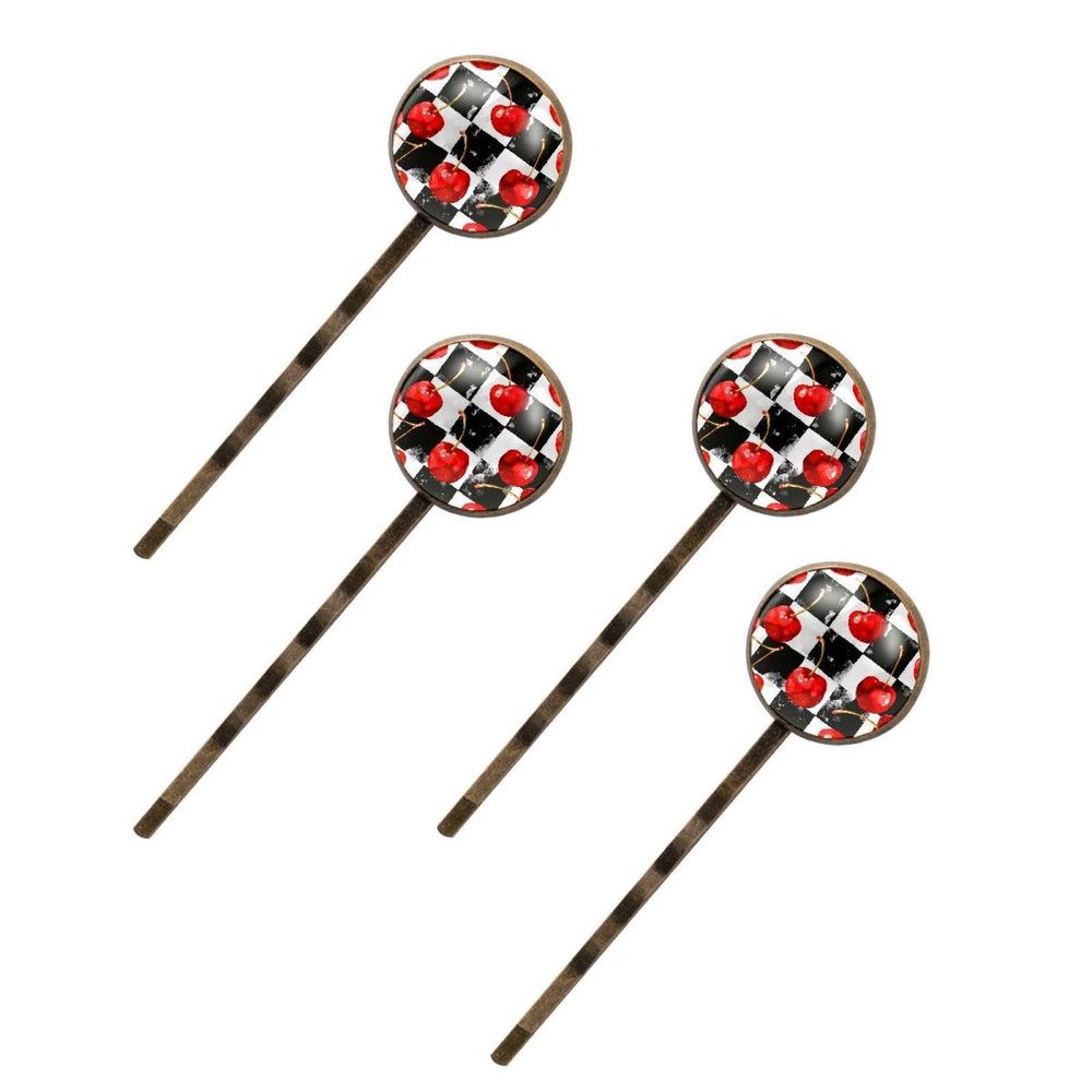 4 PCS Womens Hair Barrettes, Watercolor Cherries on Black and White Checkers Long Bobby Hair Pins for Girls, Stainless Steel Hair Clips Headwear Styling Tools Hair Accessories